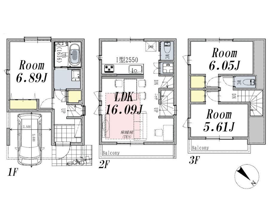   建物プラン例3LDK、土地価格3036万円、土地面積67.81m2、建物価格2244万円、建物面積86.88m2