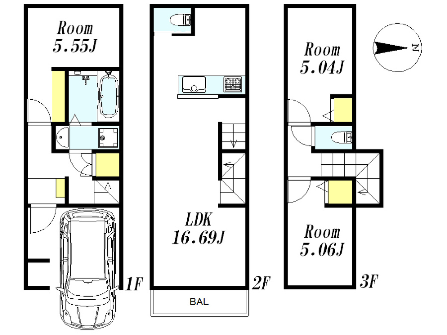   建物プラン例(A区画)3LDK、土地価格3824万円、土地面積51.78m2、建物価格2156万円、建物面積75.73m2