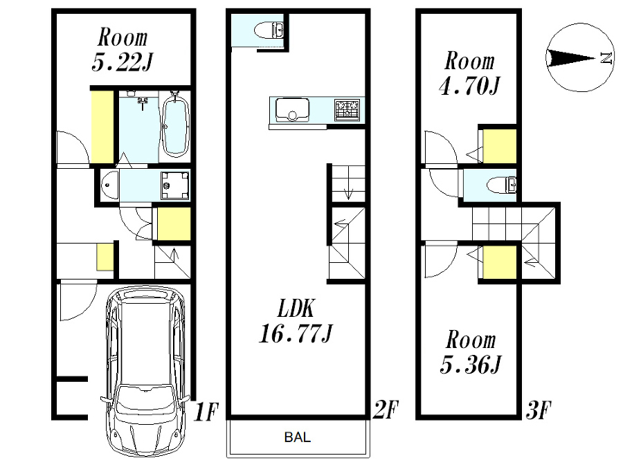   建物プラン例(B区画)3LDK、土地価格3724万円、土地面積49.38m2、建物価格2156万円、建物面積75.72m2