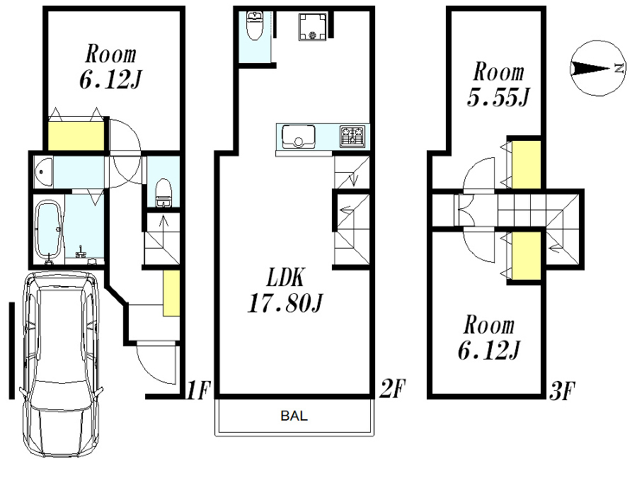   建物プラン例(C区画)3LDK、土地価格3892万円、土地面積54.8m2、建物価格2288万円、建物面積81.55m2