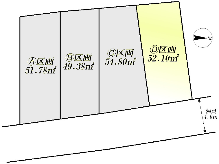   全体区画図(当該D区画)土地価格3981万円、土地面積52.1m2