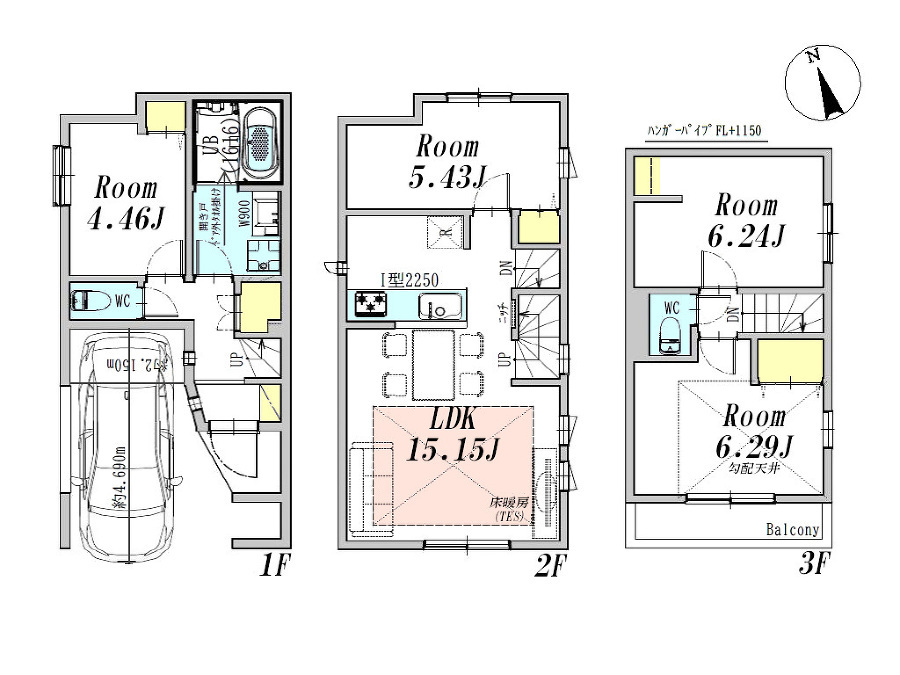   建物プラン例4LDK、土地価格3403万円、土地面積53.49m2、建物価格2277万円、建物面積98.42m2
