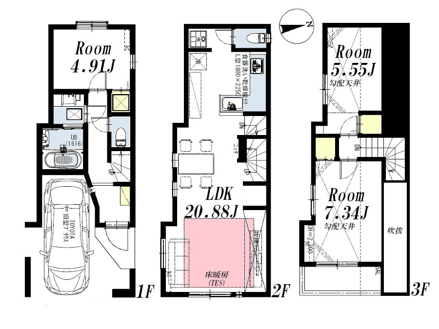   建物プラン例(C区画)3LDK、土地価格3815万円、土地面積54.8m2、建物価格2365万円、建物面積85.48m2