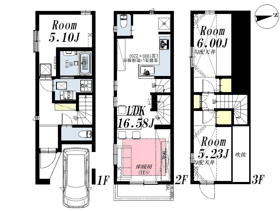   建物プラン例(A区画)3LDK、土地価格3802万円、土地面積52.37m2、建物価格2178万円、建物面積77.58m2