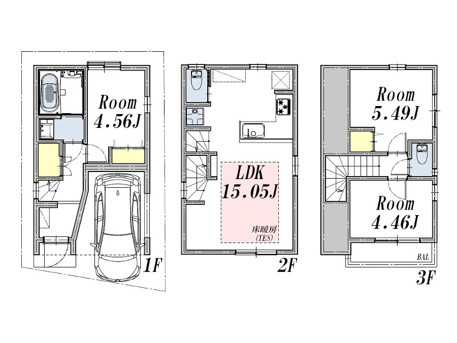   建物プラン例3LDK、土地価格3601万円、土地面積44.23m2、建物価格2079万円、建物面積68.85m2