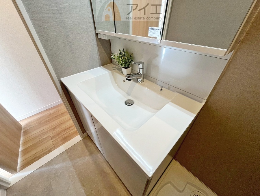 三面鏡にハンドシャワー付き、使いやすい洗面台