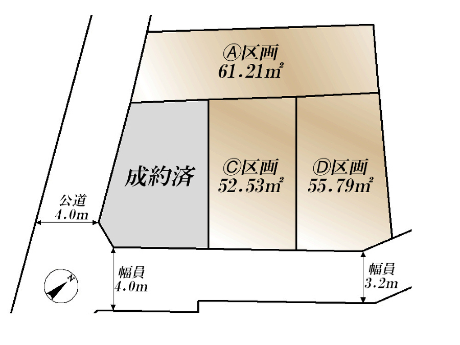   全体区画図(当該D区画)土地価格3672万円、土地面積55.79m2