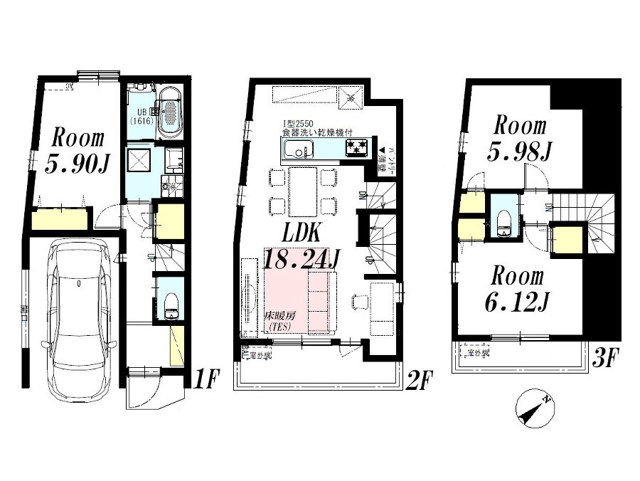   建物プラン例(D区画)3LDK、土地価格3672万円、土地面積55.79m2、建物価格2508万円、建物面積96.69m2