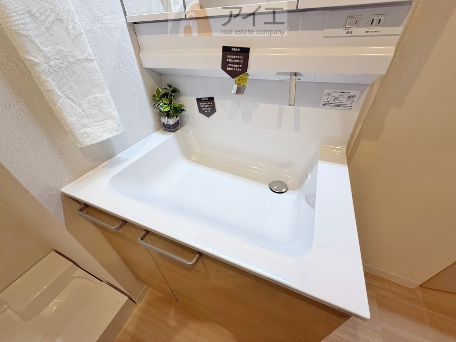 三面鏡にハンドシャワー付き、使いやすい洗面台