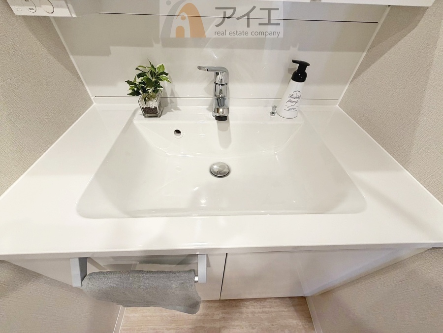 三面鏡にハンドシャワー付き、使いやすい洗面台