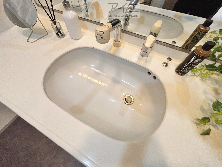 三面鏡にハンドシャワー付き、使いやすい洗面台
