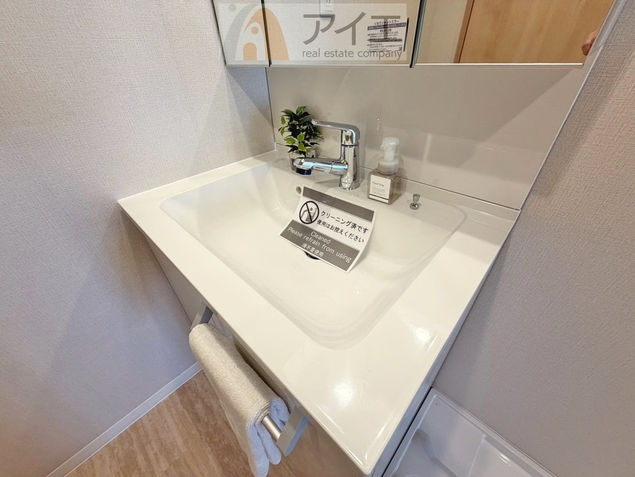 三面鏡にハンドシャワー付き、使いやすい洗面台