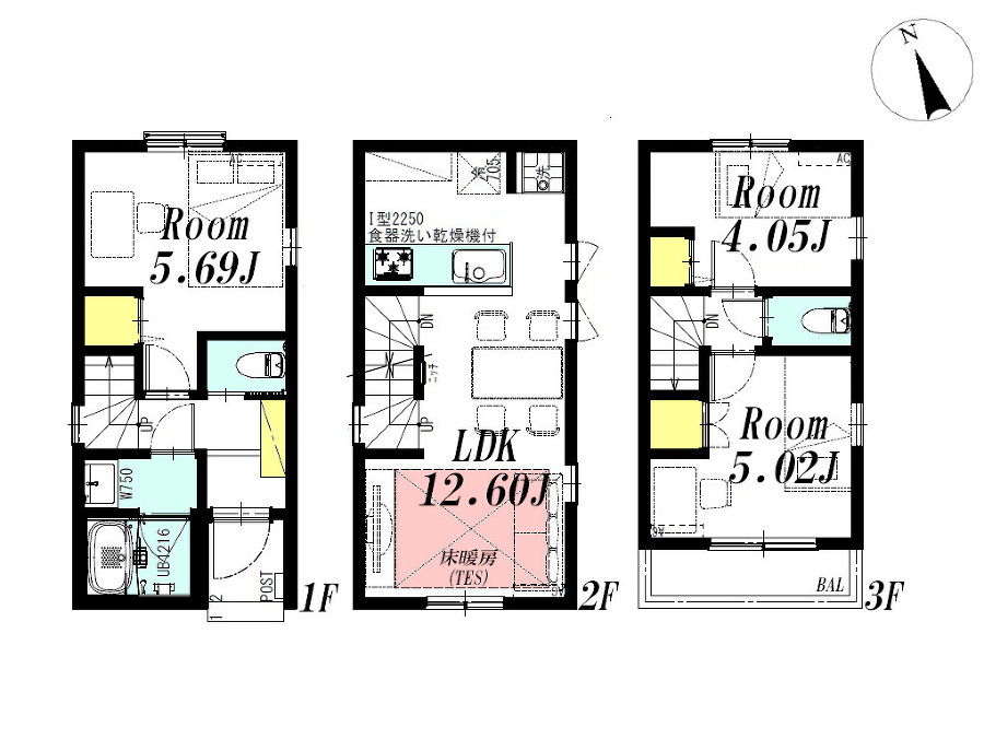   建物プラン例3LDK、土地価格3381万円、土地面積35.79m2、建物価格2299万円、建物面積65.12m2