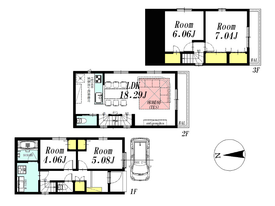   建物プラン例4LDK、土地価格5238万円、土地面積64.57m2、建物価格2442万円、建物面積97.68m2