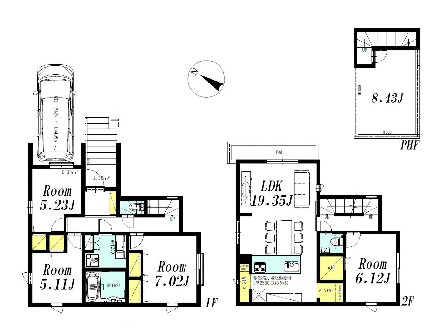   建物プラン例(B区画)4LDK、土地価格6977万円、土地面積109.24m2、建物価格3003万円、建物面積104.95m2